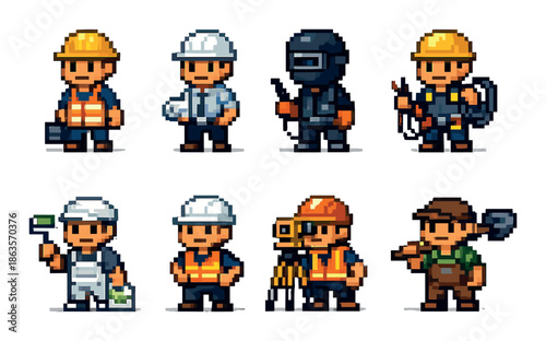 Pixel art characters depicting various construction and trades workers in uniform