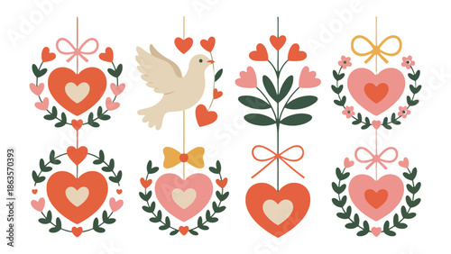 Valentine's Day Embellishments: Adorable ornaments with heart-shaped decorations and a dove in a romantic design, ideal for conveying feelings of tenderness and affection