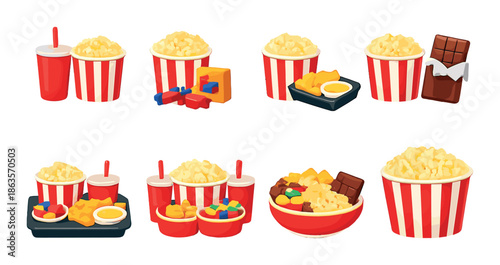 Assorted popcorn snacks with drinks and candy