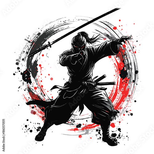 A black silhouette of a samurai warrior with a sword in a fighting stance surrounded by red and black paint splatters on a