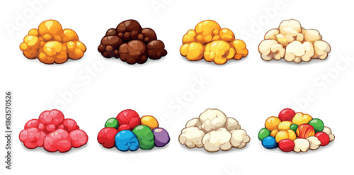 Variety of colorful and flavored popcorn in rows against gradient background
