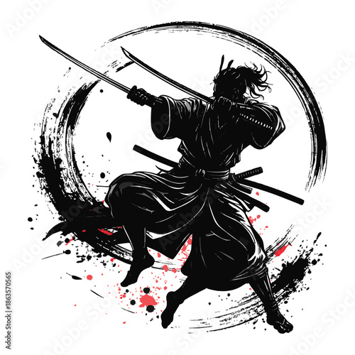 A black and white illustration of a samurai in a dynamic pose with red accents and splatters
