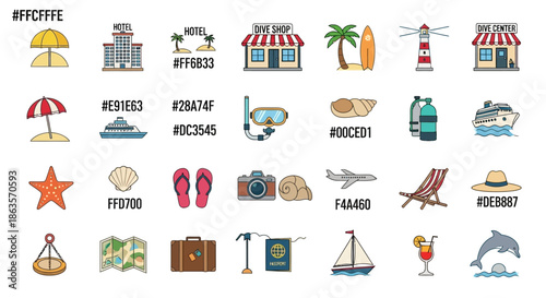 Collection of Summer Vacation Icons, Representing Beach, Travel, and Relaxation Elements