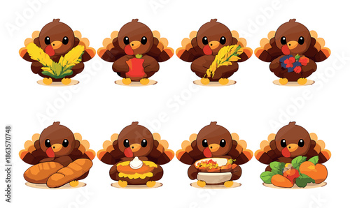 Cute cartoon turkeys holding thanksgiving foods: vegetables, bread, pie, and more