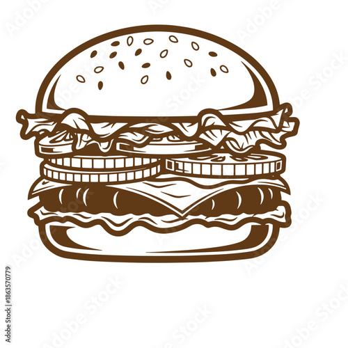brown illustration of a hamburger with lettuce cheese and sesame seed bun on transparent background