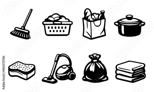 Black and white household chore icons collection
