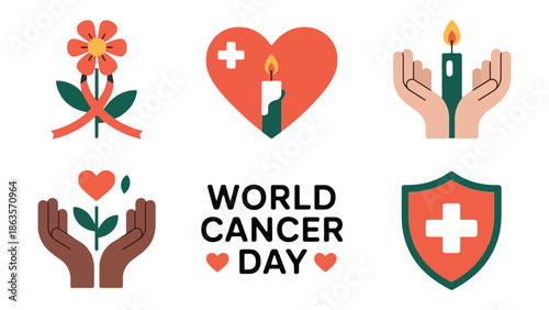 World Cancer Day Graphics: A collection of heart shaped with candles and flower graphics that represent hope, awareness and support for World Cancer Day.