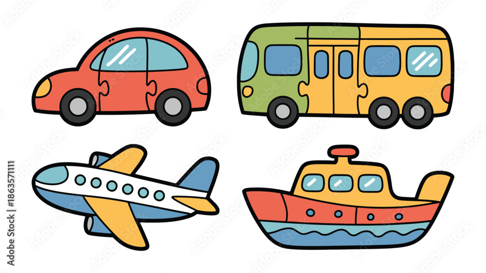 Naklejka premium Transportation Puzzle: A charming illustration depicts four different modes of transportation, each assembled from puzzle pieces, symbolizing the interconnectedness of movement and travel. 