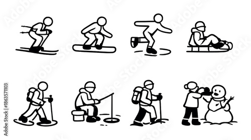 Winter activities icons: skiing, snowboarding, skating, sledding, hiking, fishing, building snowmen