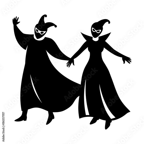 Minimalist Silhouette of Playful Mischievous Duo in Capes Dancing Together