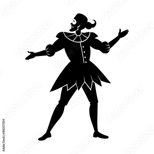 Minimalist silhouette of a playful jester dancer in bold black and white style