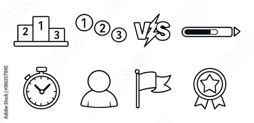 Icons representing competition, progress, and achievement in a clean minimalist style