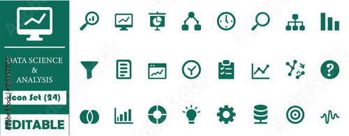 Minimal data science and analysis icon set featuring charts, graphs, database, process, and research symbols. Perfect for reports, AI, business, and analytics design.