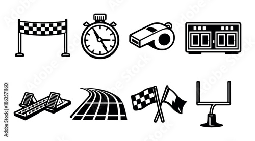 Black and white sports icons: stopwatch, whistle, flags, goalpost, track