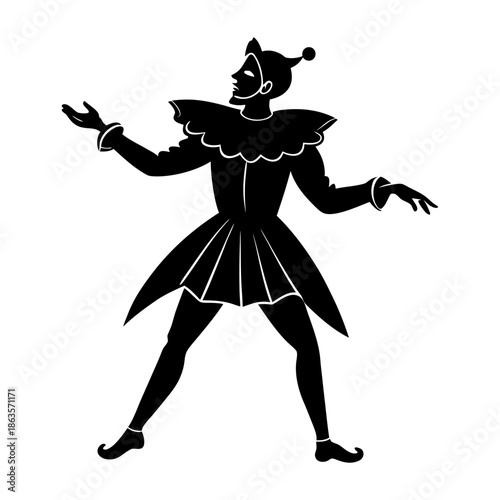 Minimalist silhouette illustration of a playful jester in a whimsical pose