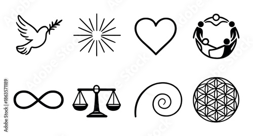 Symbols of peace, unity, and balance in minimalist black and white design