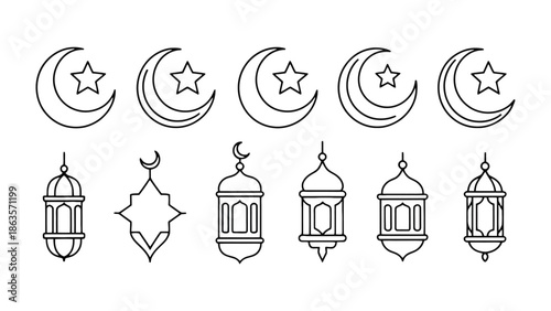 Eid Mubarak Symbols:  A collection of artistic line drawings, featuring crescent moons with stars and traditional lanterns, symbolizing the spirit of togetherness and celebration. 