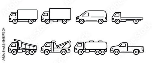 Set of eight outline truck icons on metallic background