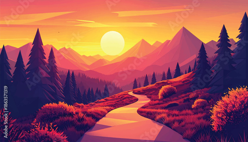 Mountain Pass with Winding Path and Perspective Lines Leading to Sun - Warm Sunset Illustration