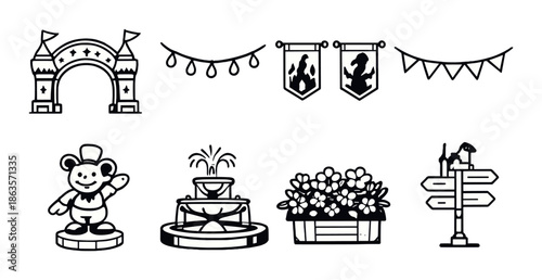 Monochrome carnival icons with bear, fountain, and decorations