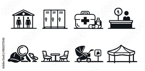 Set of icons: restroom, lockers, medical, information, lost and found, dining, baby stroller, tent