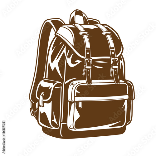 Brown leather backpack with white outline on plain white background