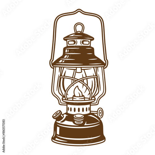 Brown kerosene lantern with glass chimney and handle on top for camping and outdoor activities one sentence