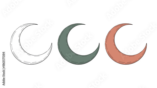 Crescent Moon Trio: A series of crescent moon, illustrating the transition from sketch to the moon in different hues, capturing the essence of the night sky, moon phases, and cosmic beauty.