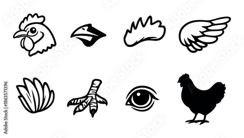 Monochrome chicken icons: head, beak, comb, wings, feathers, foot, eye, silhouette