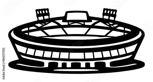 Minimalist black and white stadium icon with light towers on grey background