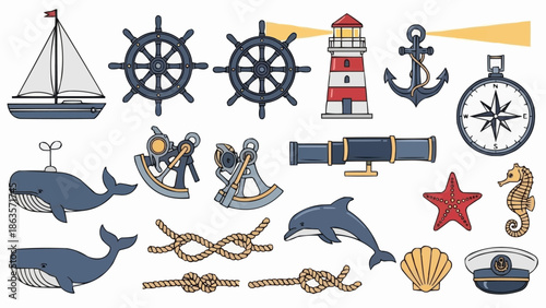 Nautical objects and sea creatures collection illustration.