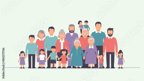 Diverse group of people representing multiple generations of a family standing together.