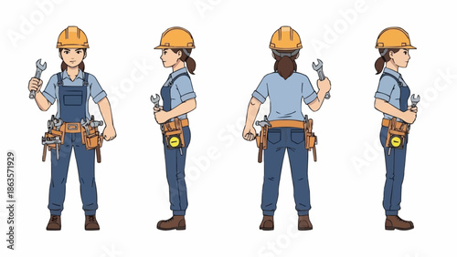 Female construction worker in hard hat and tool belt holding wrench from multiple angles.