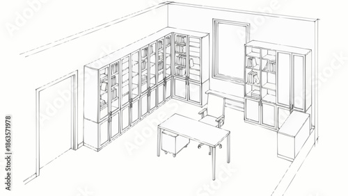Architectural sketch of a modern office interior design with furniture.