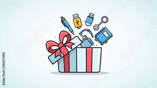 Gift box overflowing with technology and office supplies.