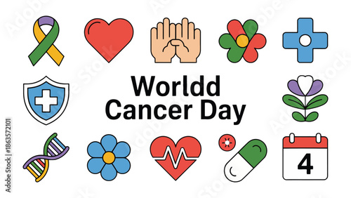 World Cancer Day Awareness: A vibrant collection of symbols and icons pays tribute to World Cancer Day, conveying hope, support, and a commitment to raise awareness about cancer. 