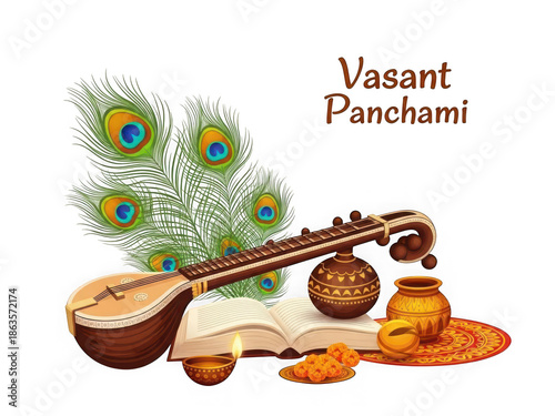 Vasant panchami celebration elements isolated on transparent background