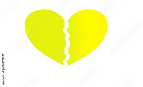 A bright yellow broken heart graphic illustration on white background symbolizing sadness