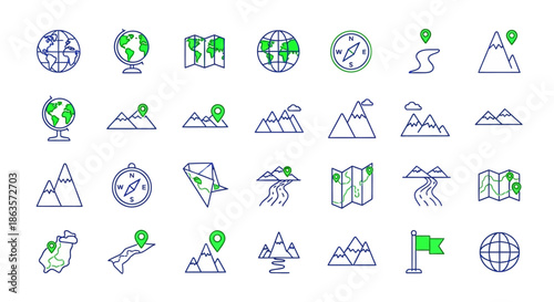 Collection of travel icons symbolizing exploration, geography, and adventures using maps