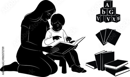 Happy mother's day illustration of loving mom reading with child