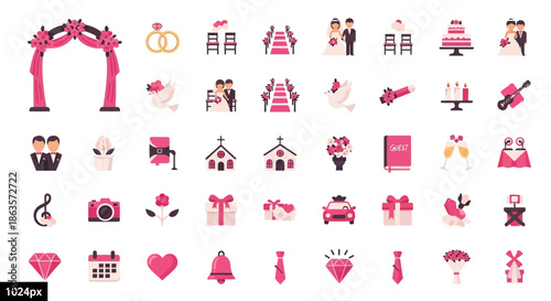 A collection of vector wedding icons featuring romantic imagery for celebrations and events