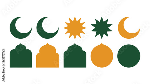 Sacred Emblems: An artistic arrangement of moon crescents, sun stars, and architectural silhouettes represents elements of faith and culture.