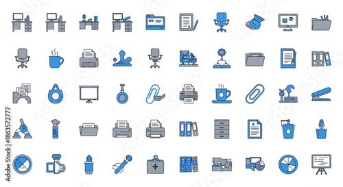 Collection of essential office supplies and equipment represented as flat vector icons