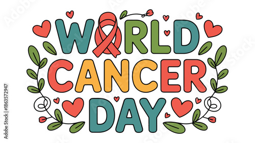 World Cancer Day: A vibrant illustration promoting awareness and support for the annual World Cancer Day, featuring a symbolic ribbon and heartfelt design elements.