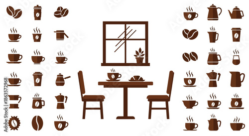 Elegant Coffee Time Concept: Vector Icons Set for Cafes and Cozy Interior Scenes