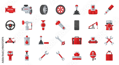 Collection of car service icons depicting tools, equipment, and parts associated with vehicles