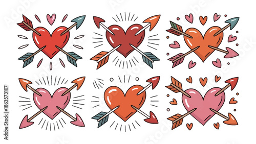 Hearts pierced by Arrows: Romantic illustrations with hearts pierced by arrows symbolizing love, passion, and affection, showcasing a variety of vibrant colors.