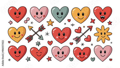 Colorful Heart Emoticons: Playful collection of charming heart emoticons, each radiating a unique expression of love and affection. A delightful display of emotions.