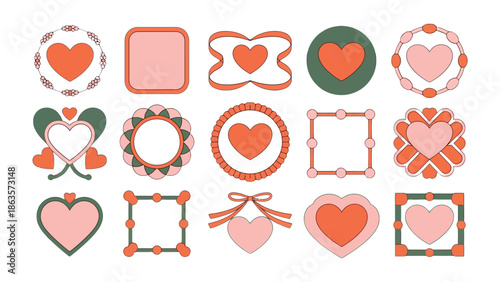 Heart Embellishments: Collection of heart-shaped designs in various frames and styles. A creative array of charming love icons for festive cards and celebratory materials. 