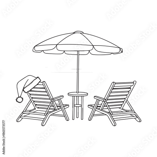 A festive beach scene santa hats resting on lounge chairs under a beach umbrella